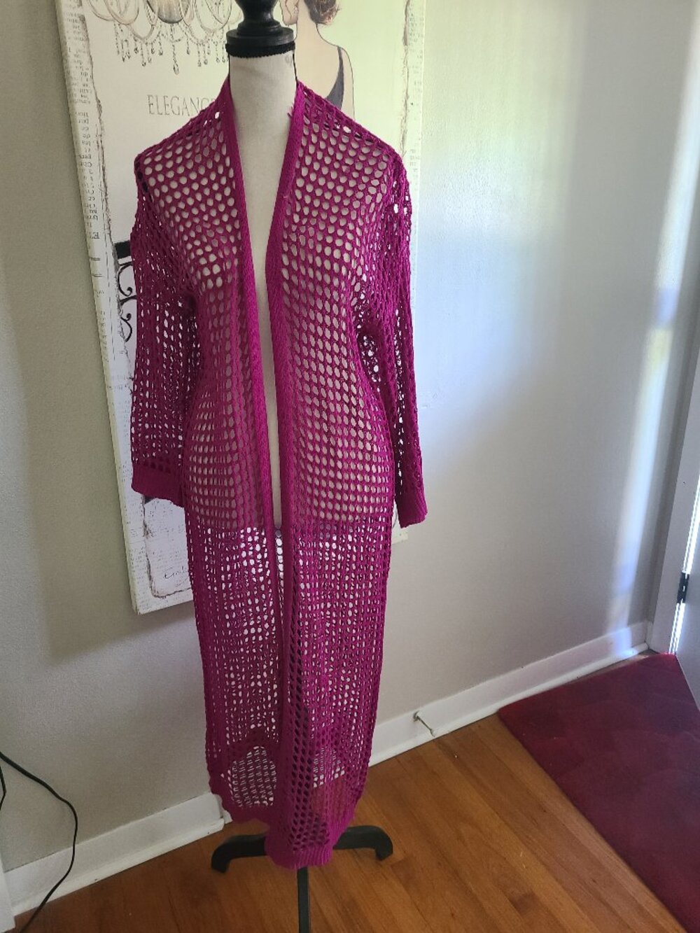Purple Crochet Duster SZ L Open Front Hippie Gypsy Bohemian Long Sleeve